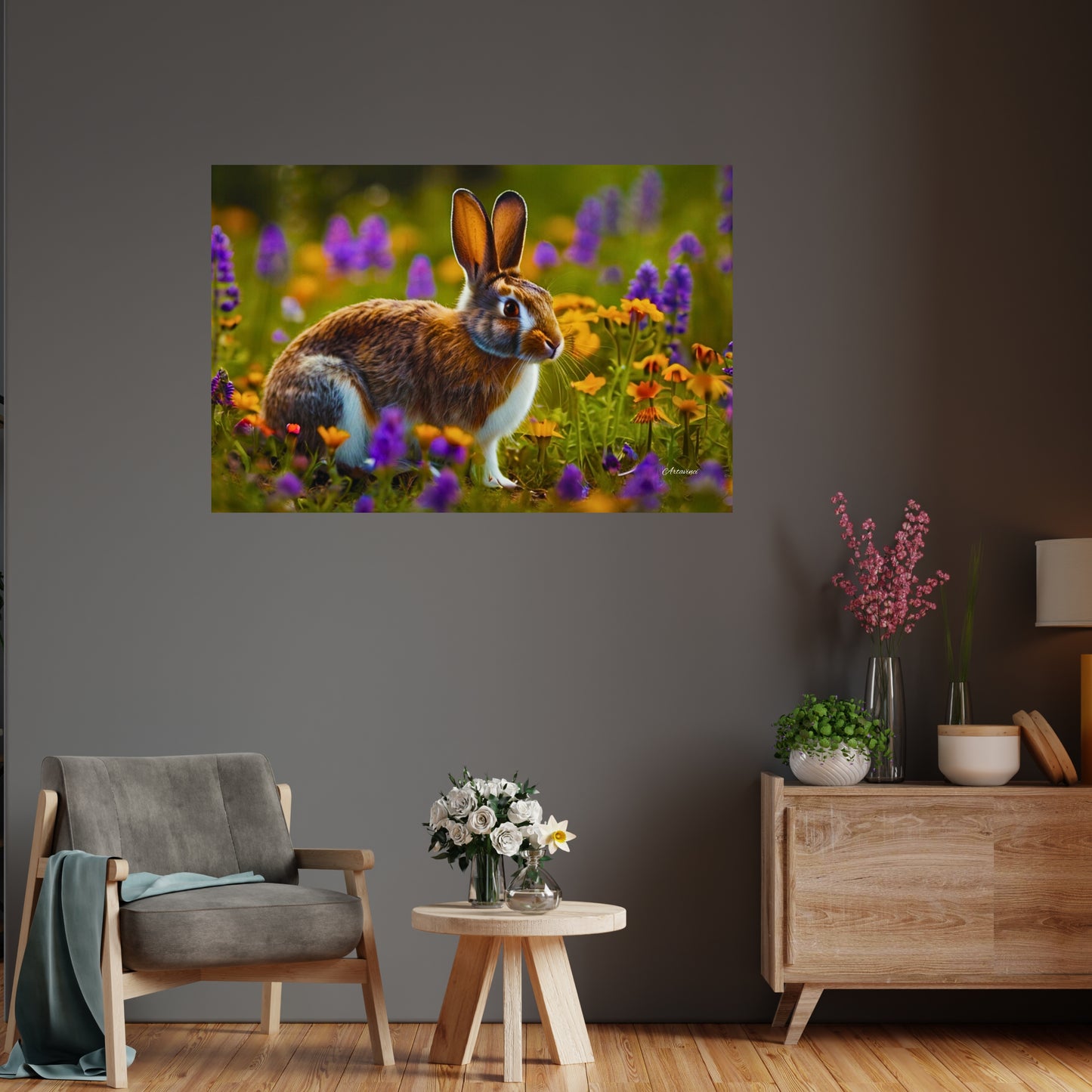 Cute Rabbit in Flower Garden Canvas Art