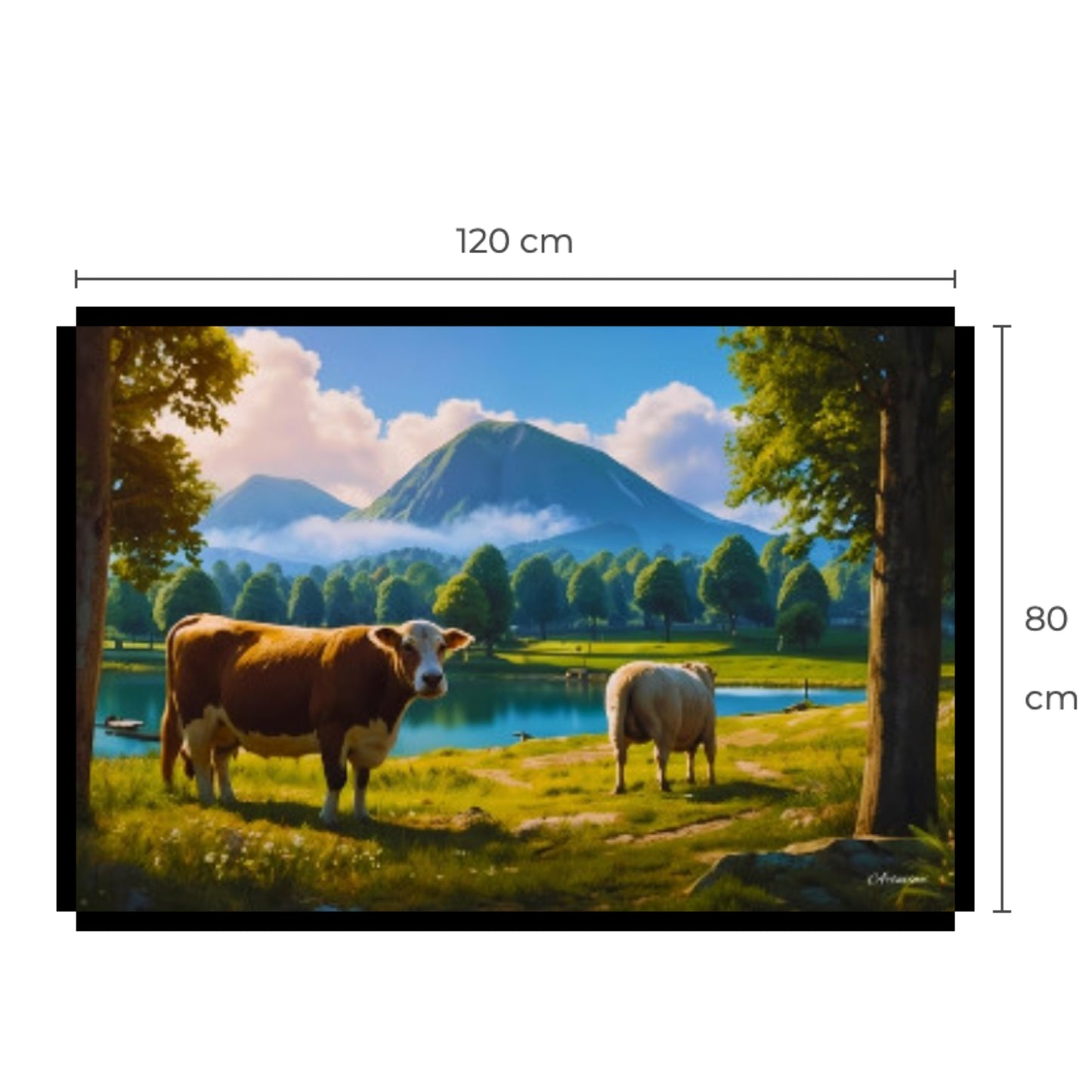 Tranquil Countryside Charm: Landscape with Cow and Sheep Canvas Print