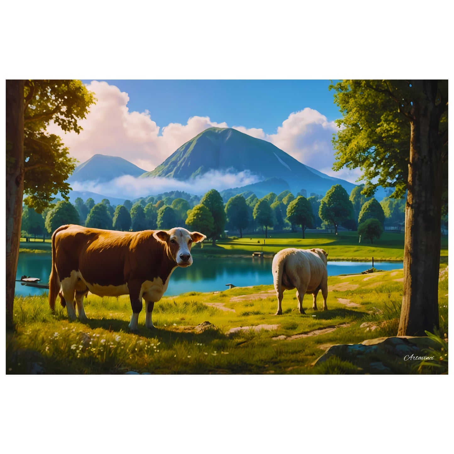 Tranquil Countryside Charm: Landscape with Cow and Sheep Canvas Print
