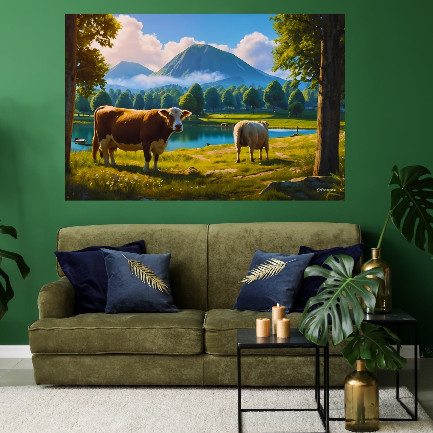 Tranquil Countryside Charm: Landscape with Cow and Sheep Canvas Print