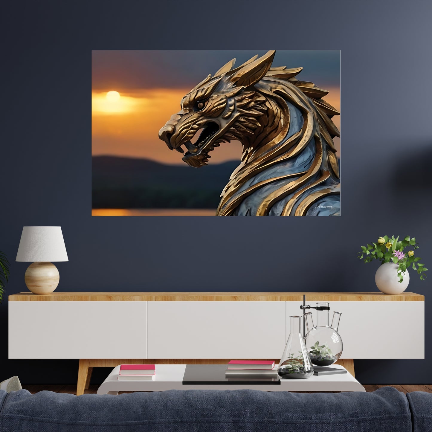 Golden Mythical Beast Statue Canvas Art