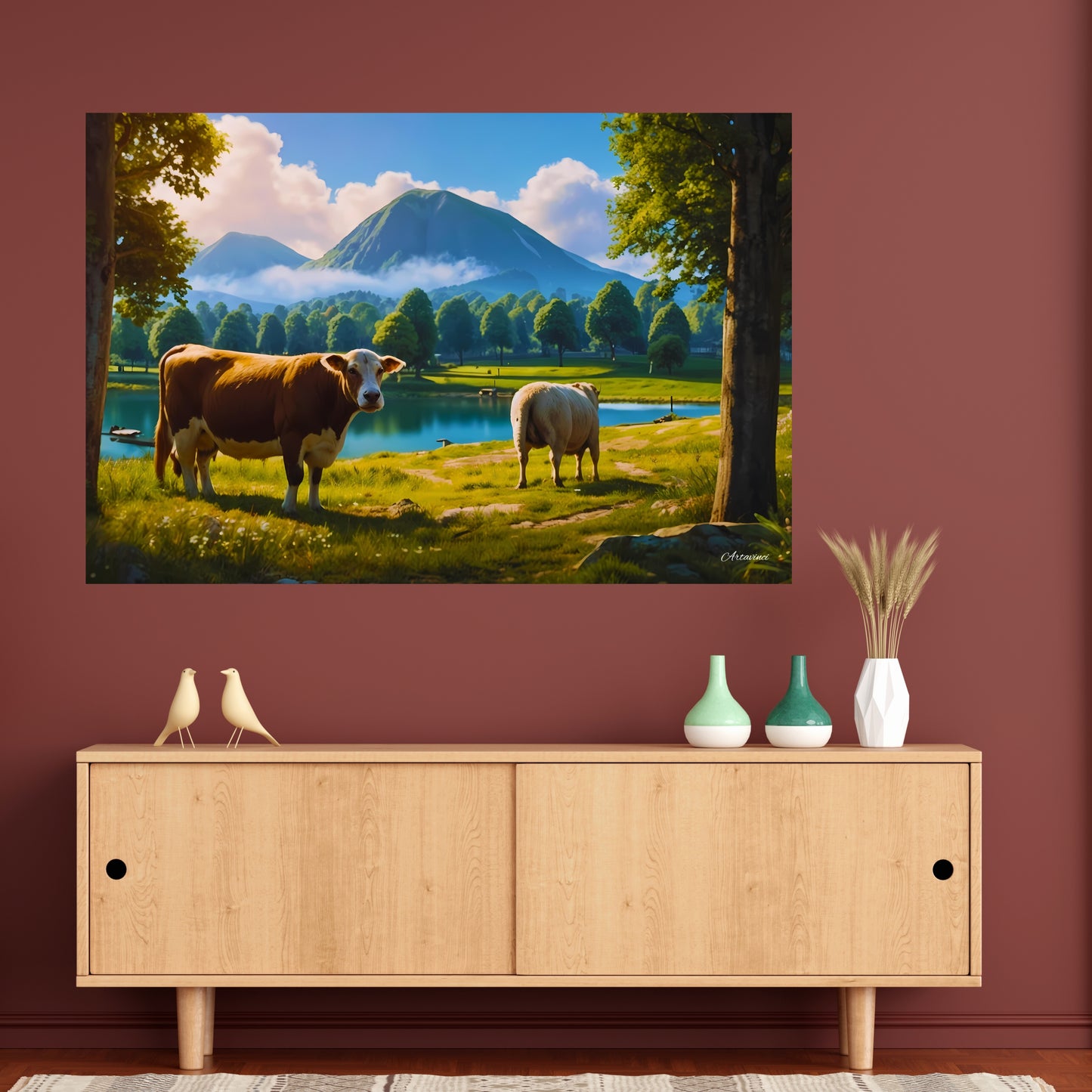 Tranquil Countryside Charm: Landscape with Cow and Sheep Canvas Print