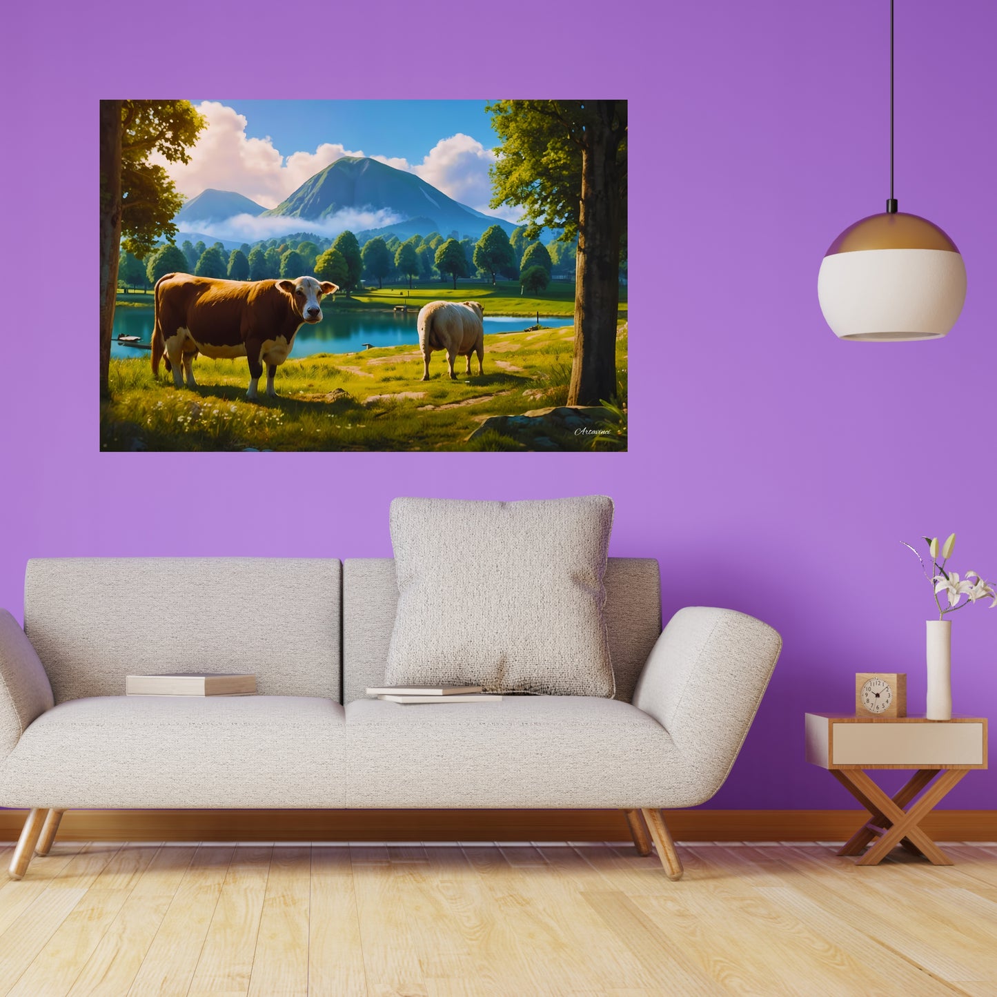 Tranquil Countryside Charm: Landscape with Cow and Sheep Canvas Print