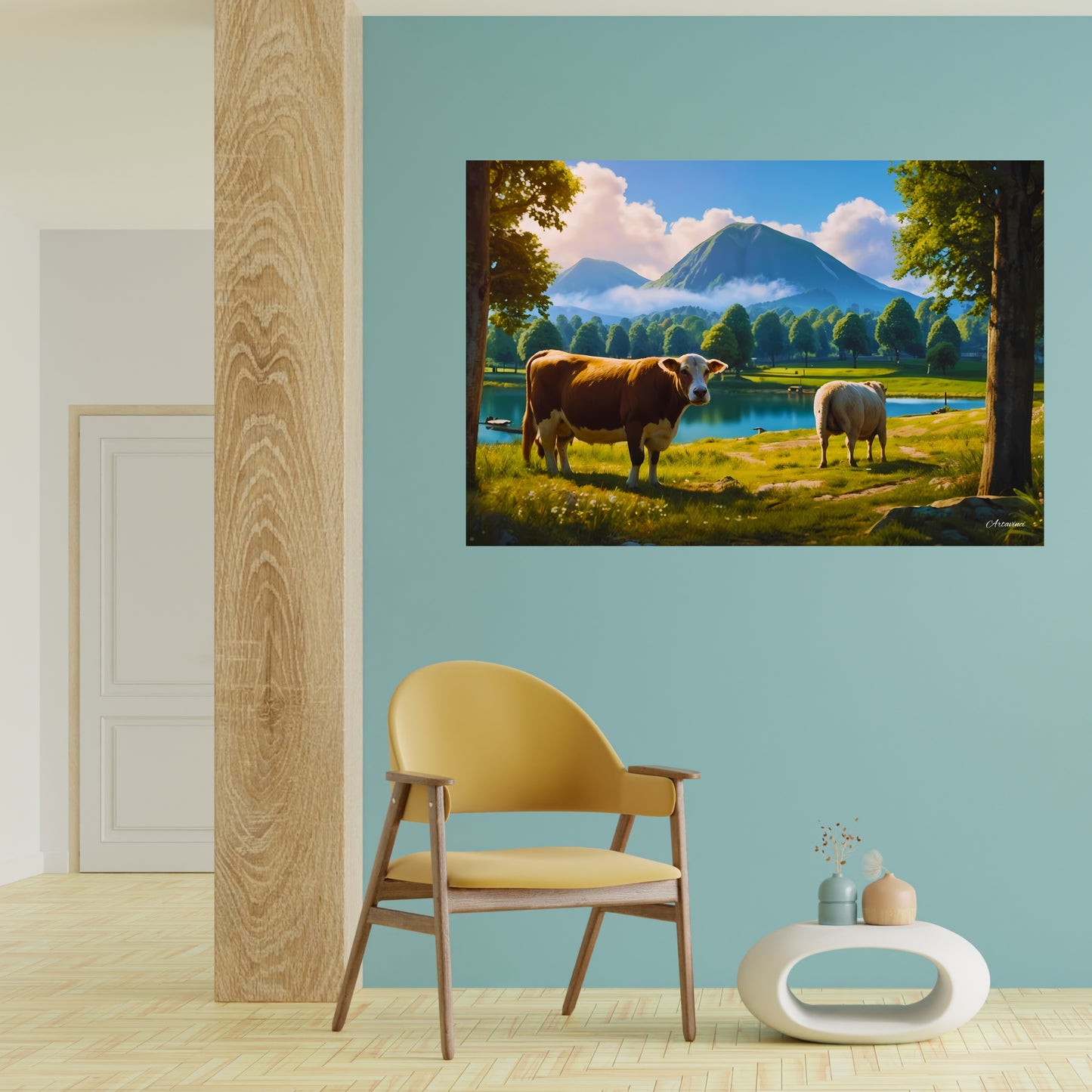 Tranquil Countryside Charm: Landscape with Cow and Sheep Canvas Print