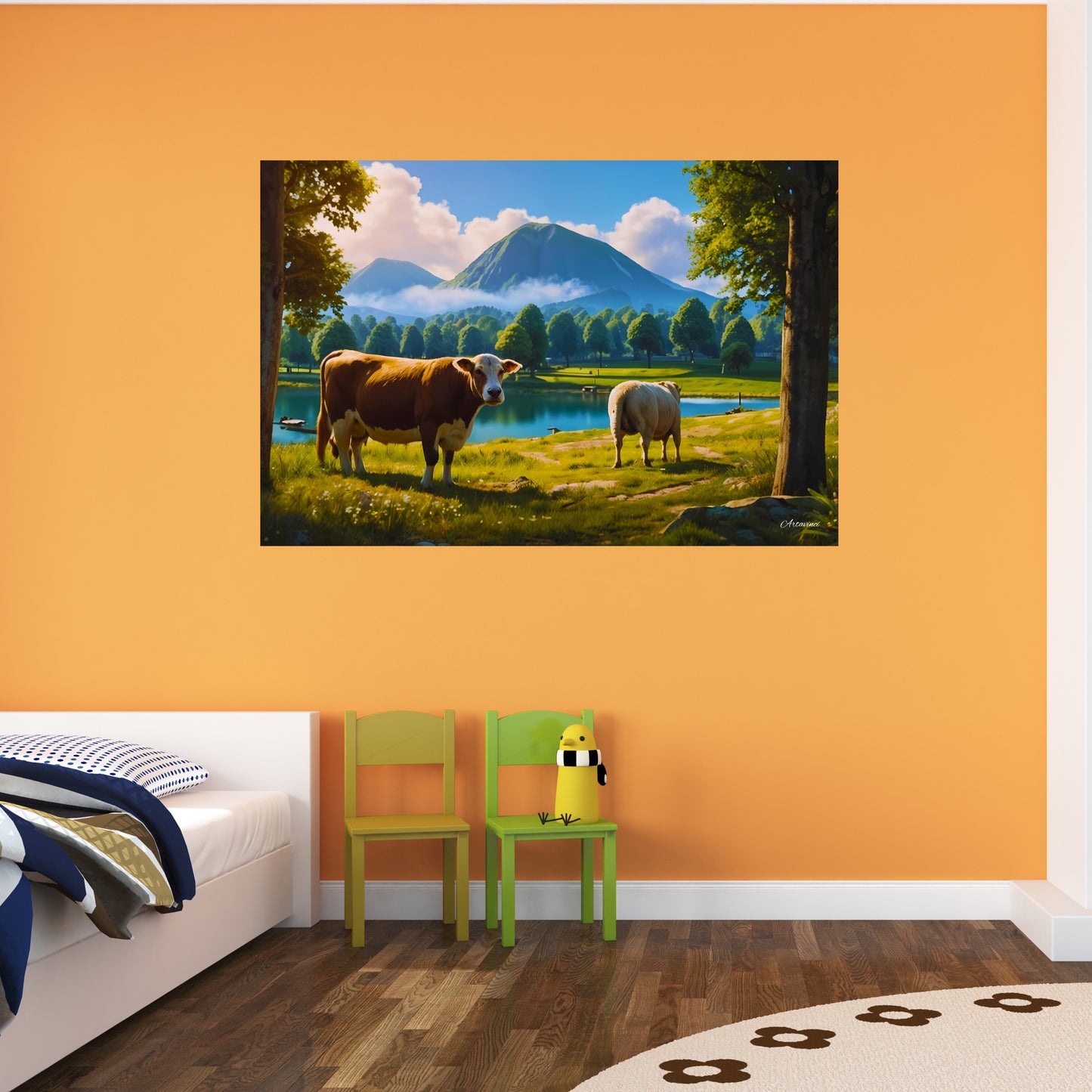 Tranquil Countryside Charm: Landscape with Cow and Sheep Canvas Print