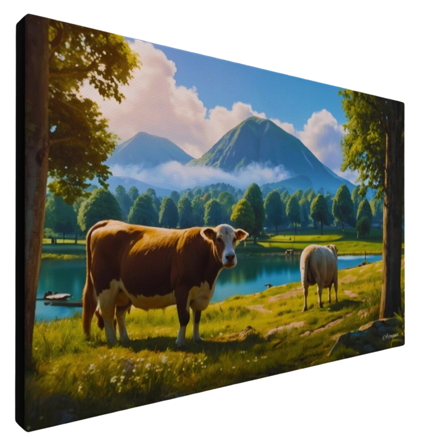 Tranquil Countryside Charm: Landscape with Cow and Sheep Canvas Print