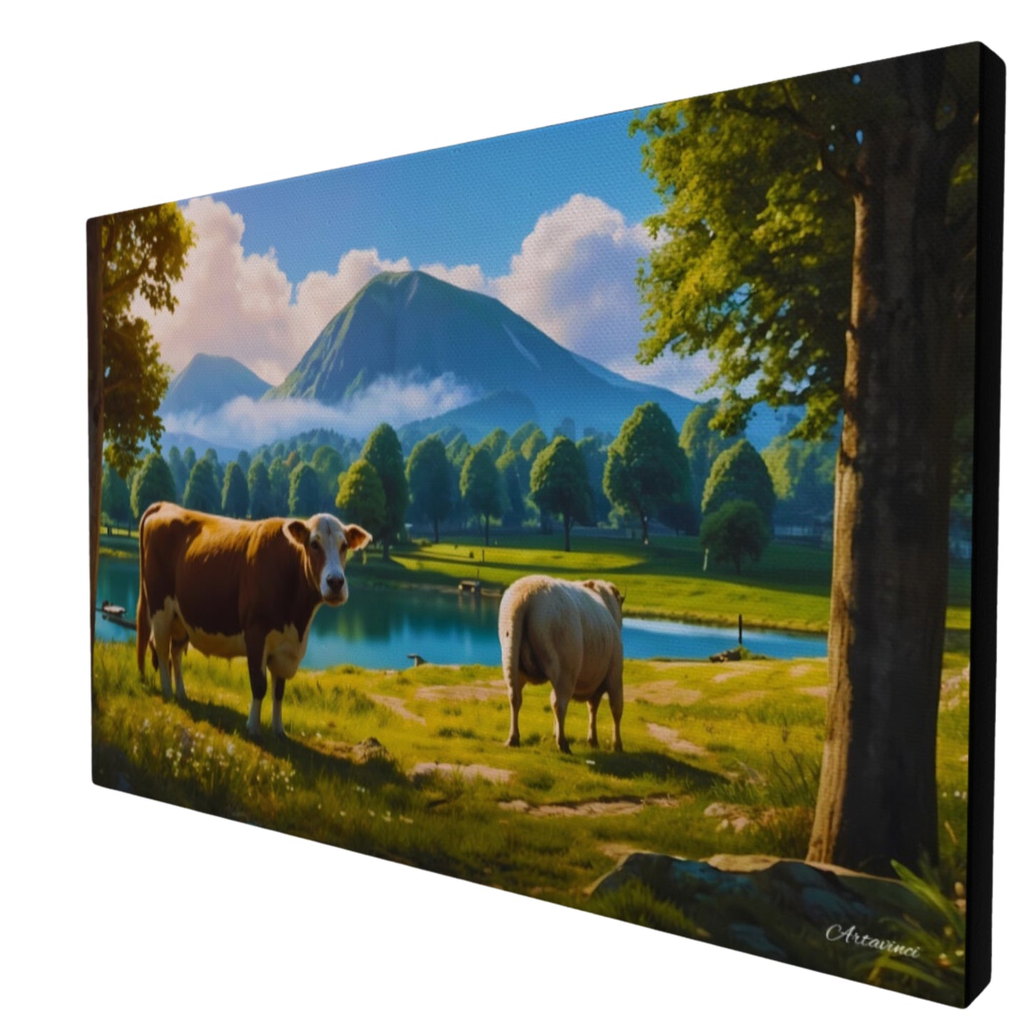 Tranquil Countryside Charm: Landscape with Cow and Sheep Canvas Print