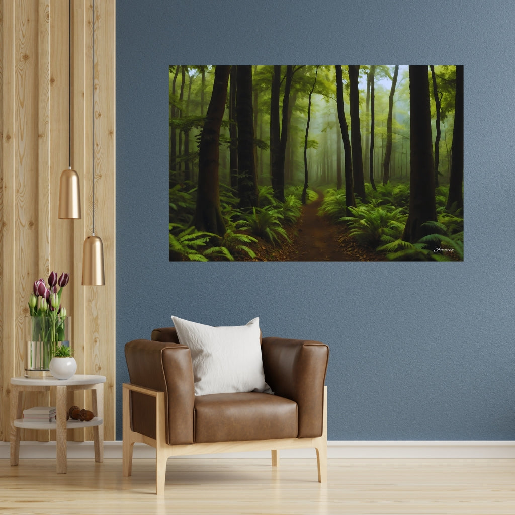 Canvas print of a peaceful forest with mist and sunlight – nature-inspired wall art for relaxation and tranquility.
