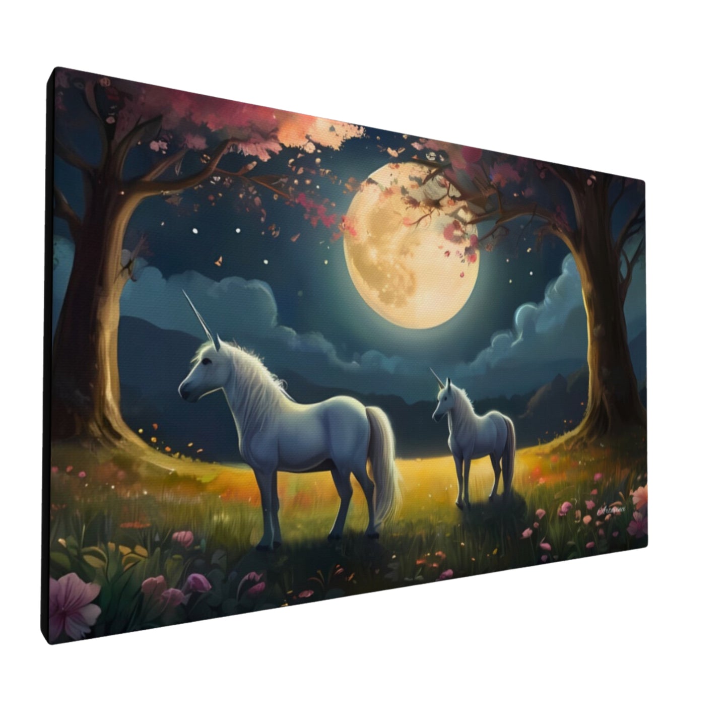 Two White Unicorns Standing in Forest Full Moon Canvas Art