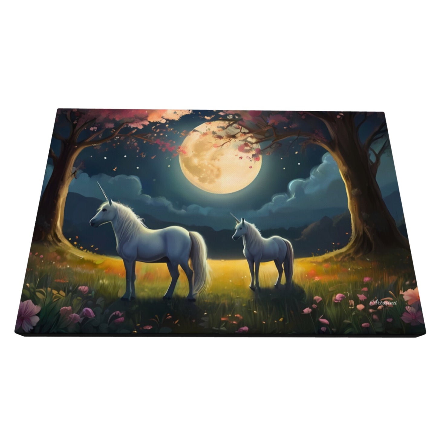 Two White Unicorns Standing in Forest Full Moon Canvas Art