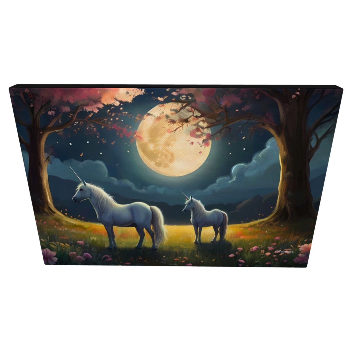 Two White Unicorns Standing in Forest Full Moon Canvas Art