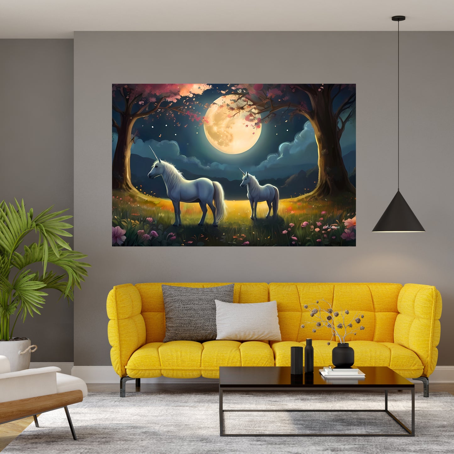 Two White Unicorns Standing in Forest Full Moon Canvas Art