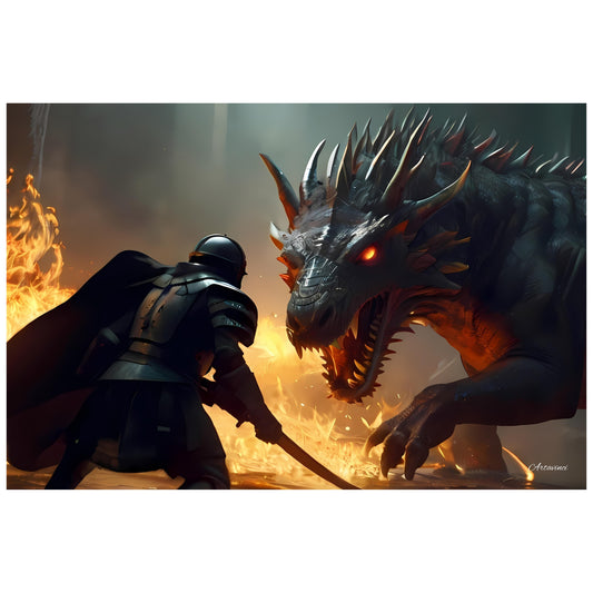 Knight With Black Armor Battling Epic Fantasy Dragon