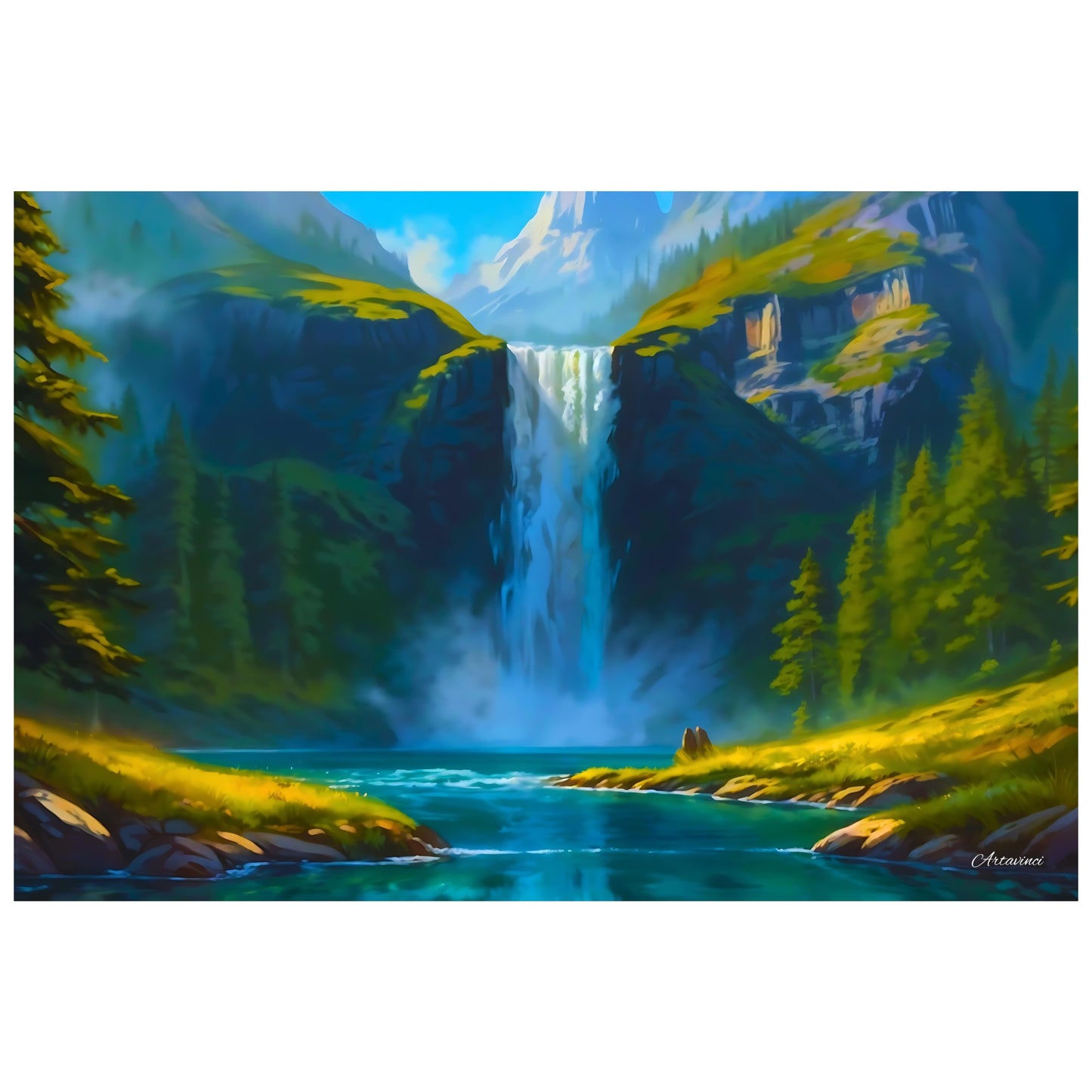 Nature Waterfall Mountain River Paradise Canvas Wall Art Picture Framed Print