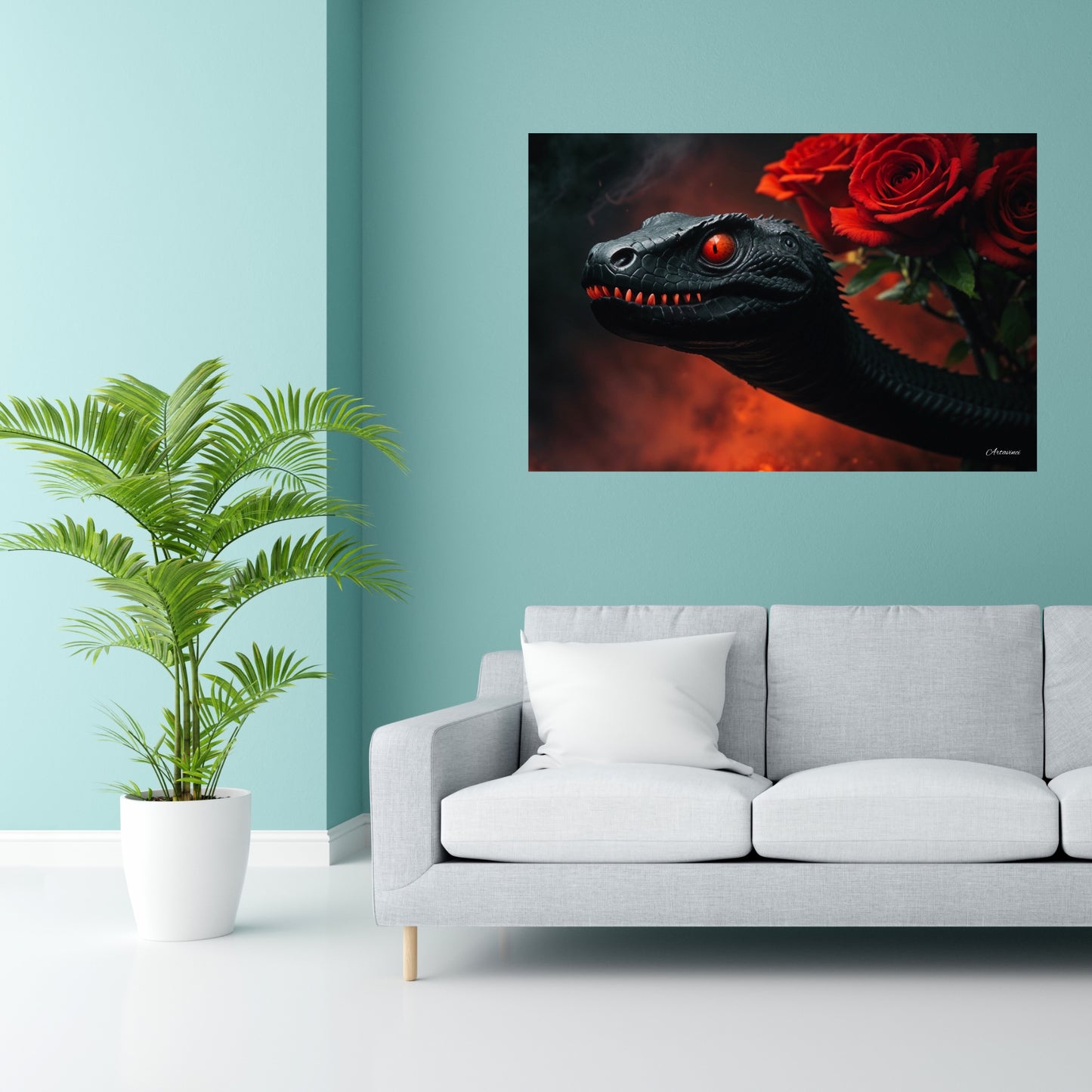 Red Eye Snake with Red Rose Canvas Art