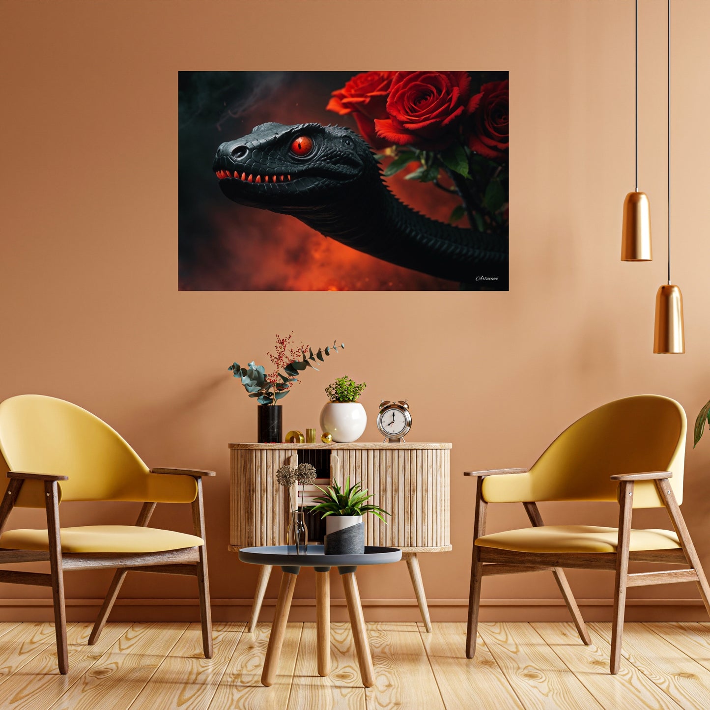 Red Eye Snake with Red Rose Canvas Art