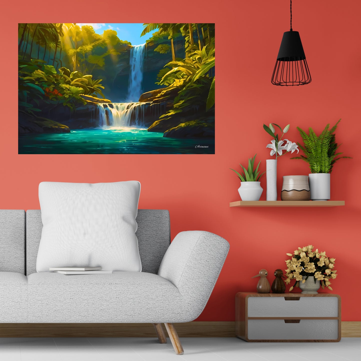 Green Forest Waterfall Canvas Art Print