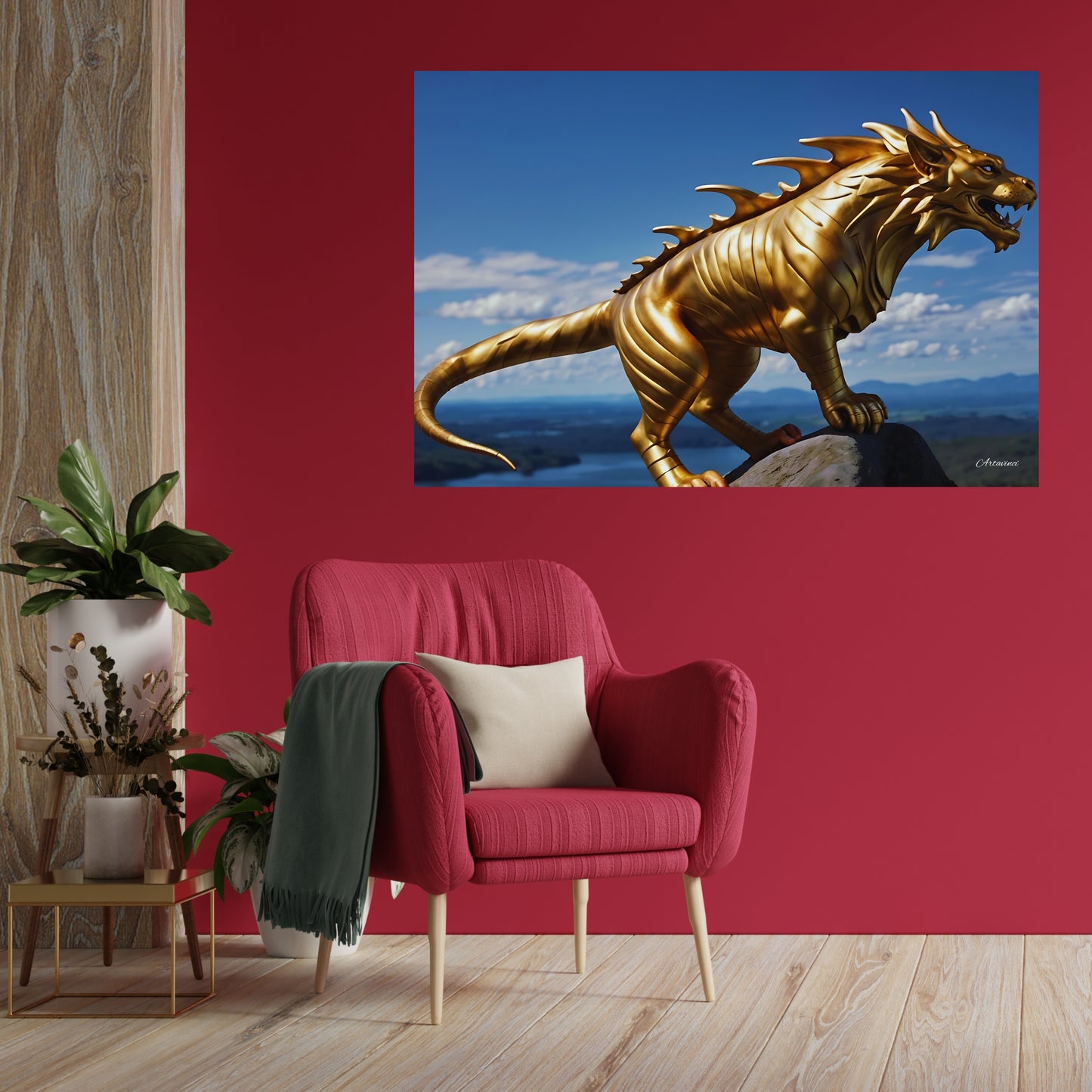 Golden Lion Dragon Mythical Creature Canvas Art Print