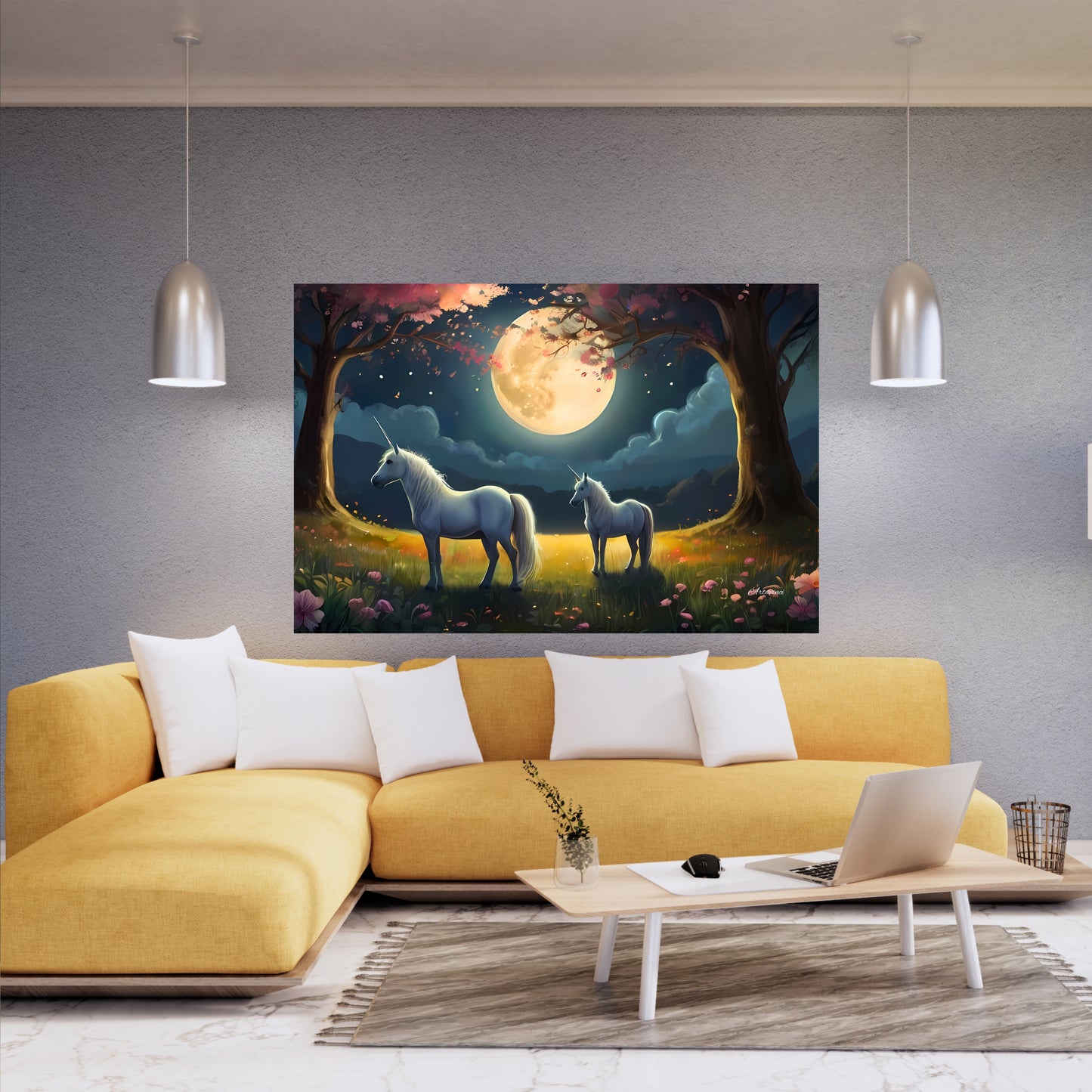 Two White Unicorns Standing in Forest Full Moon Canvas Art