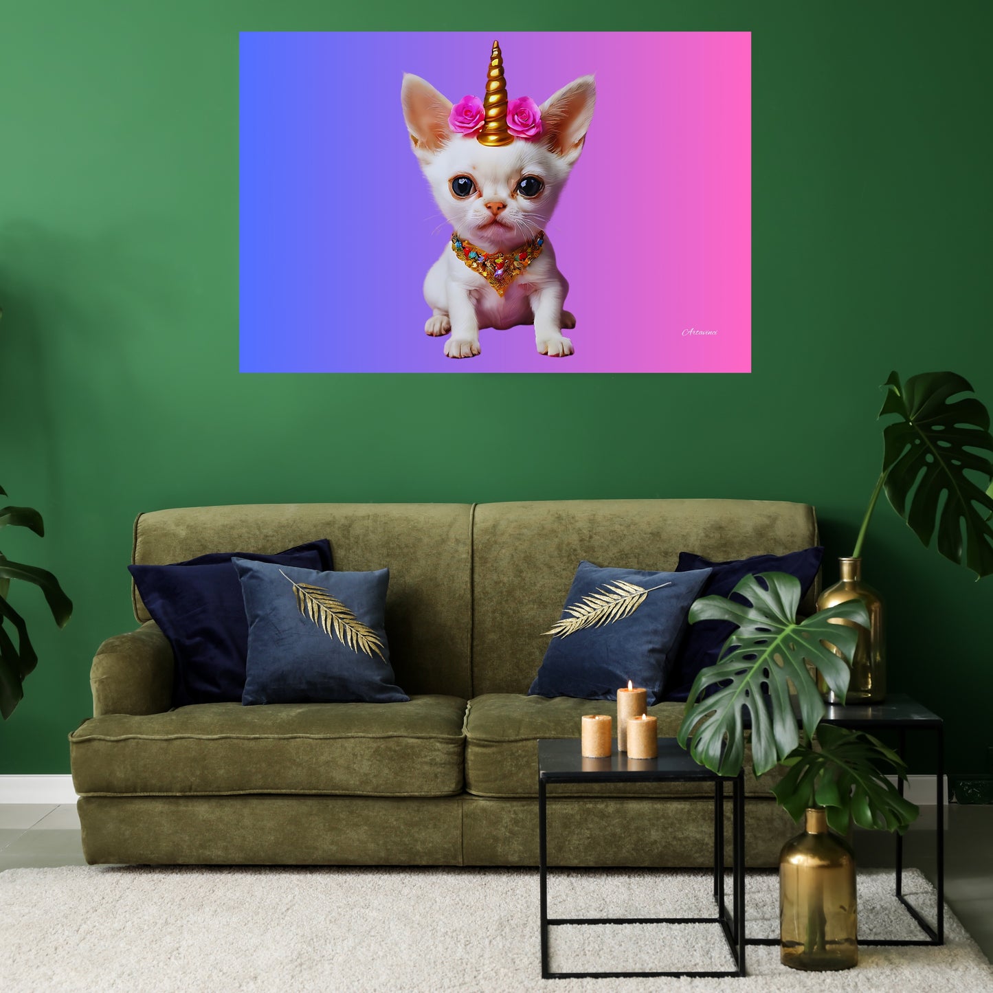 White Cat Unicorn Canvas Wall Art