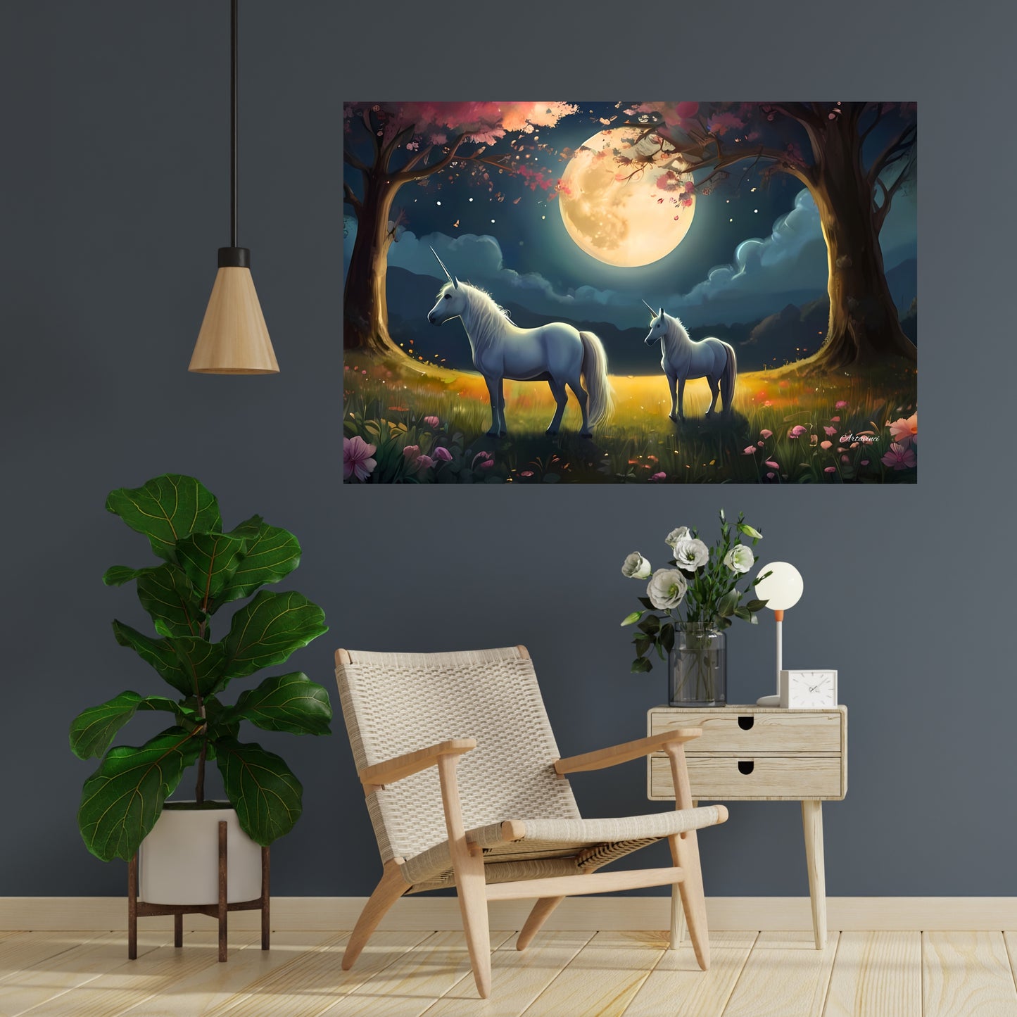 Two White Unicorns Standing in Forest Full Moon Canvas Art