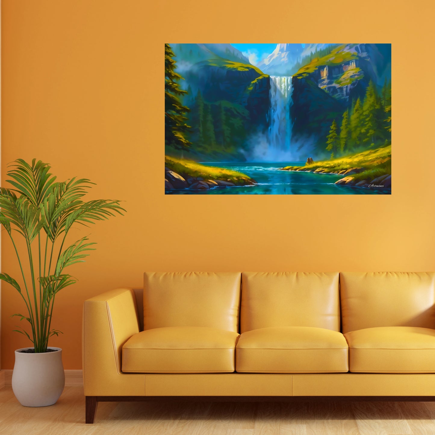 Nature Waterfall Mountain River Paradise Canvas Wall Art Picture Framed Print