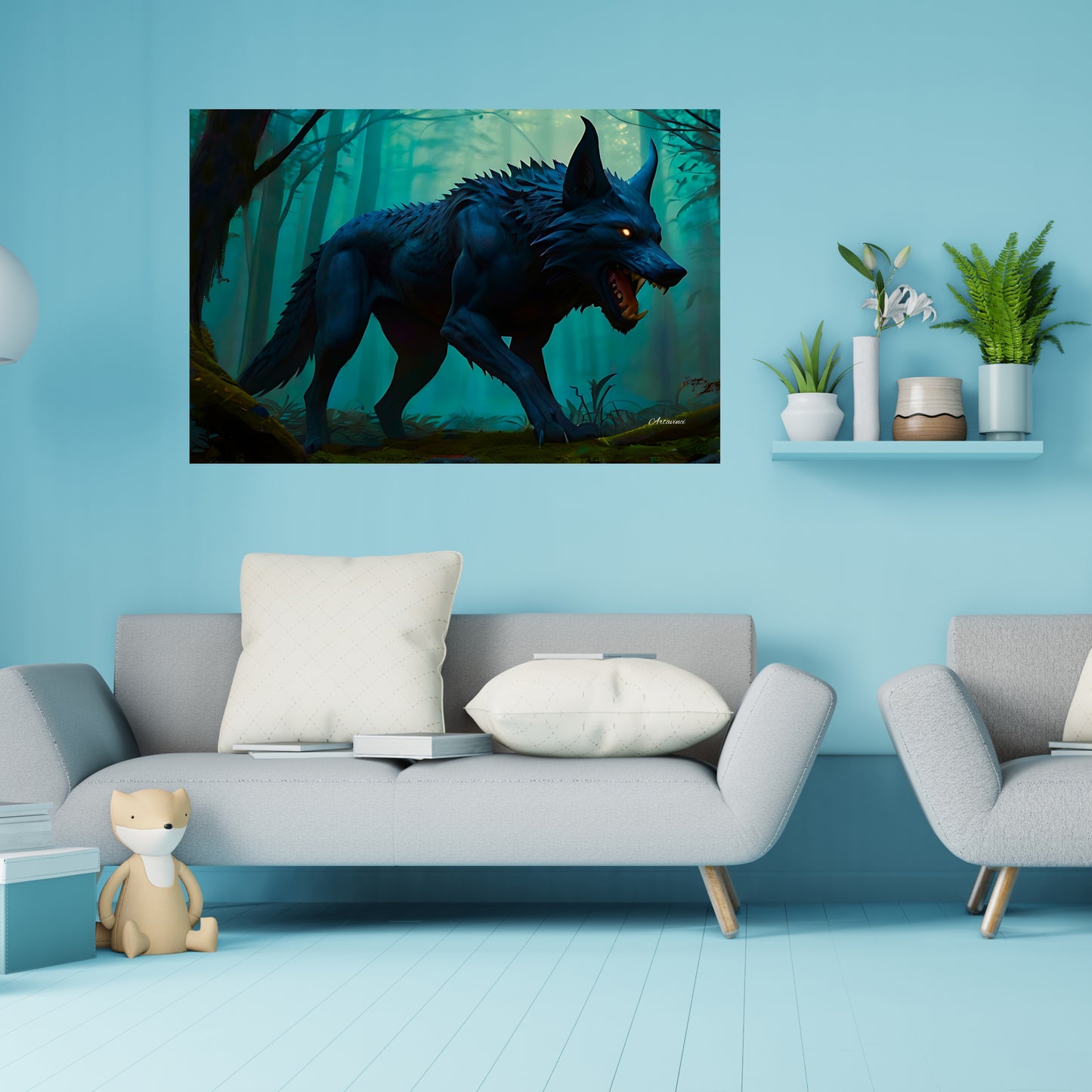 Scary Stalking Black Wolf Canvas Art