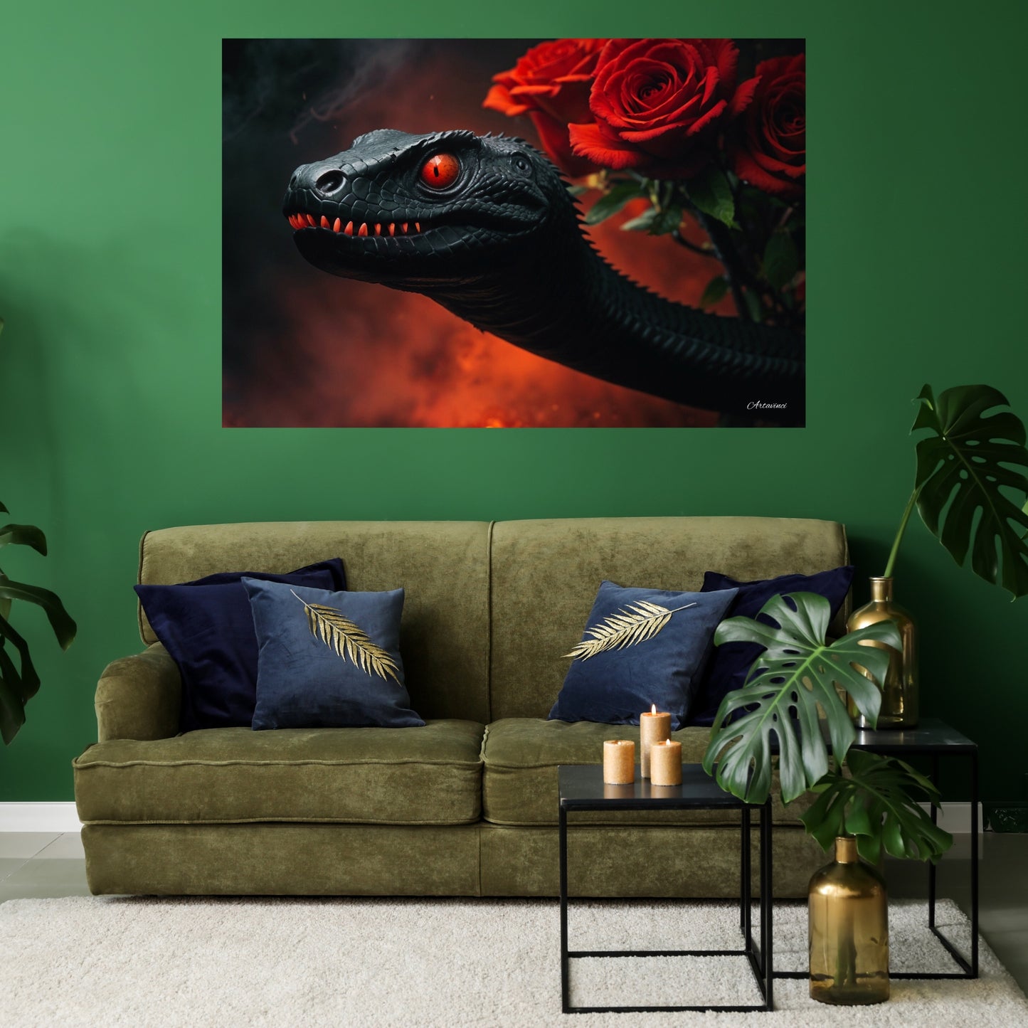 Red Eye Snake with Red Rose Canvas Art