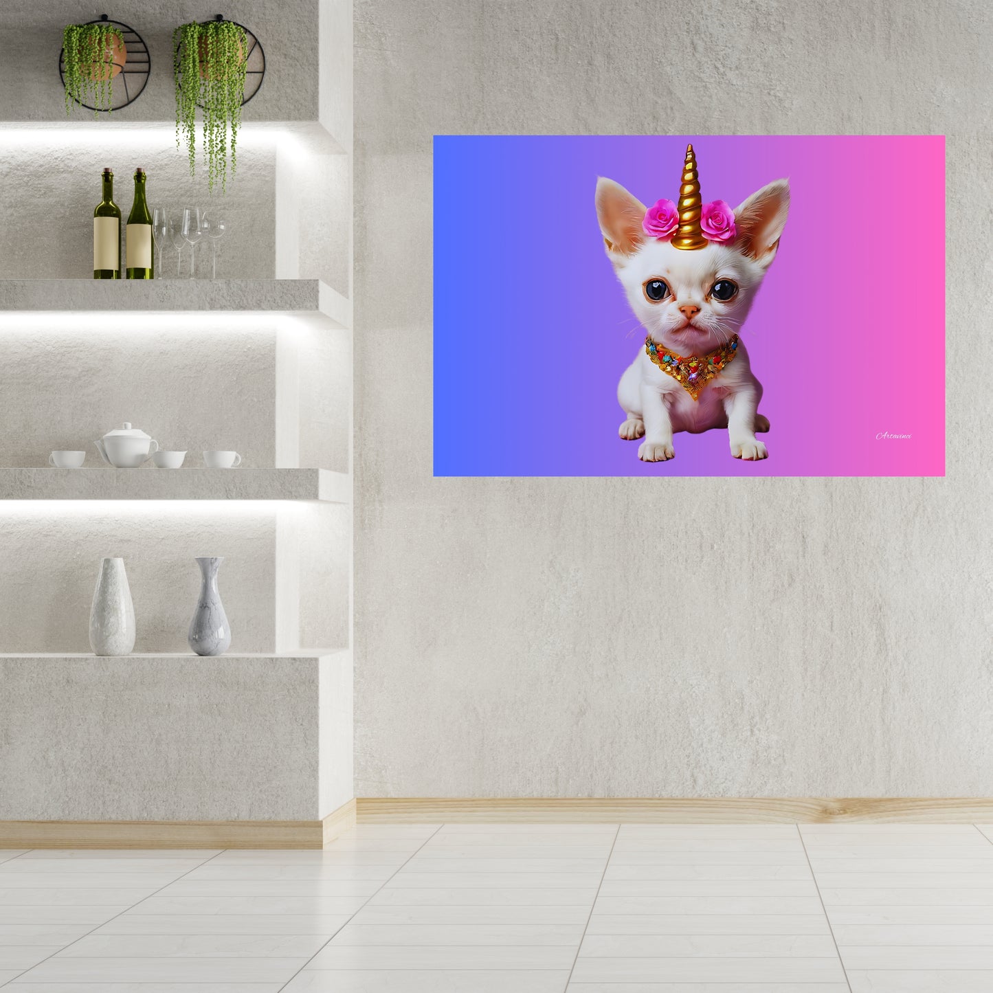 White Cat Unicorn Canvas Wall Art