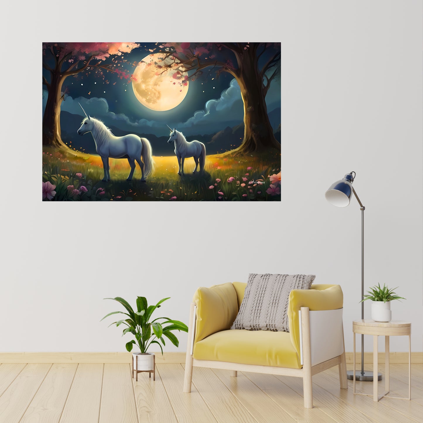 Two White Unicorns Standing in Forest Full Moon Canvas Art