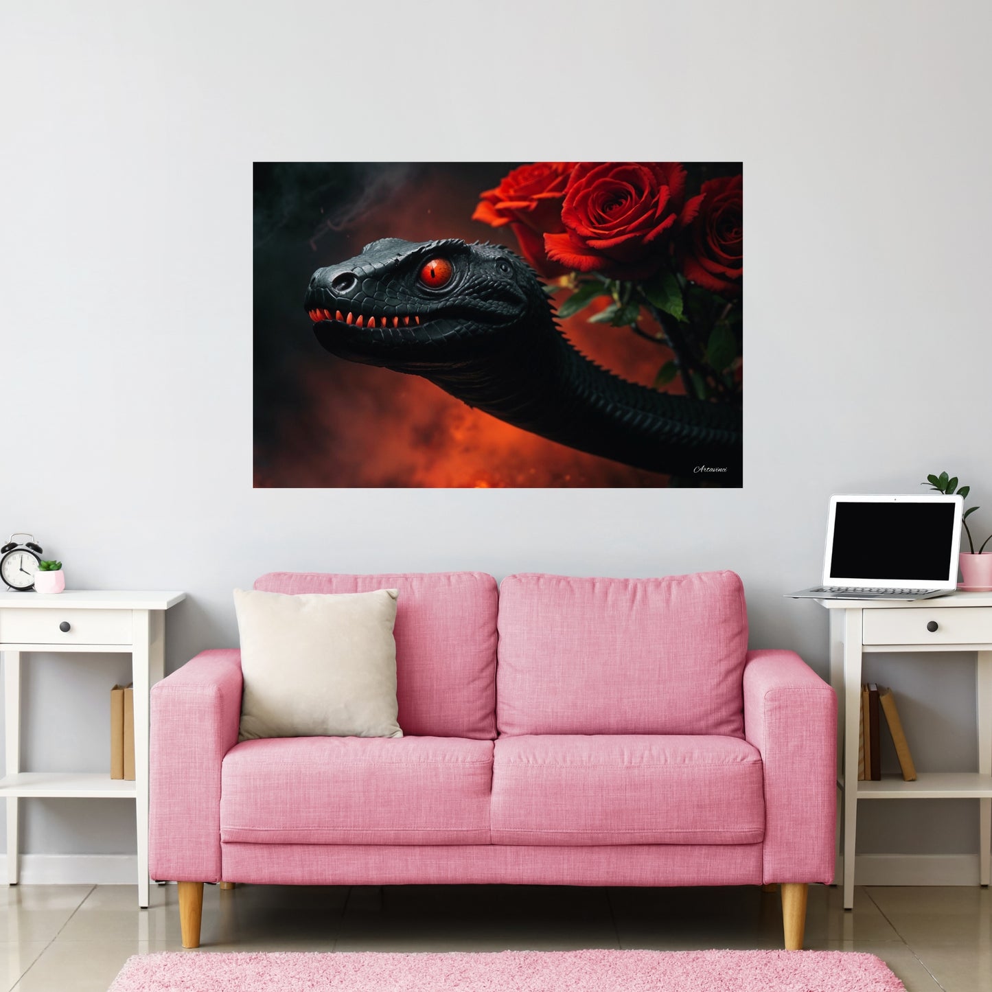 Red Eye Snake with Red Rose Canvas Art