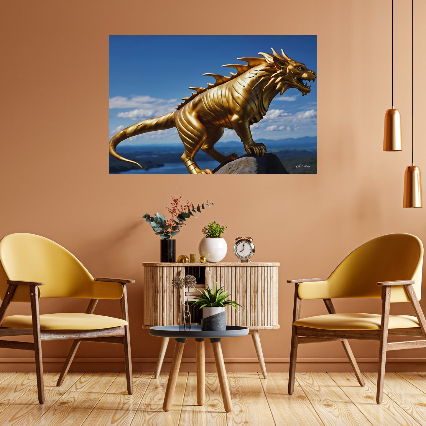 Golden Lion Dragon Mythical Creature Canvas Art Print