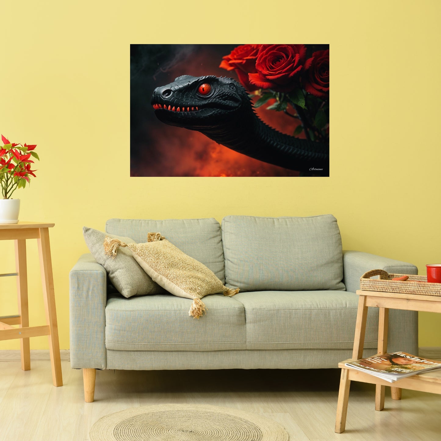 Red Eye Snake with Red Rose Canvas Art