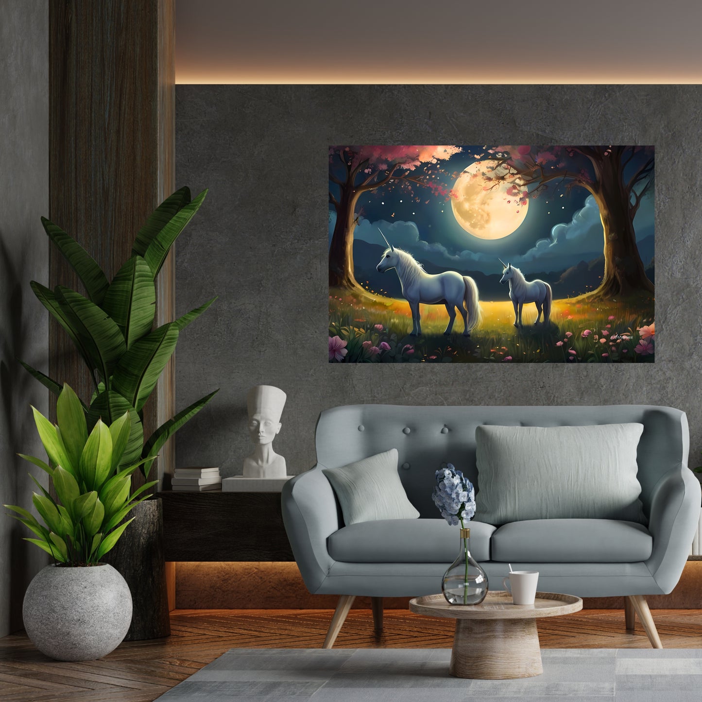 Two White Unicorns Standing in Forest Full Moon Canvas Art