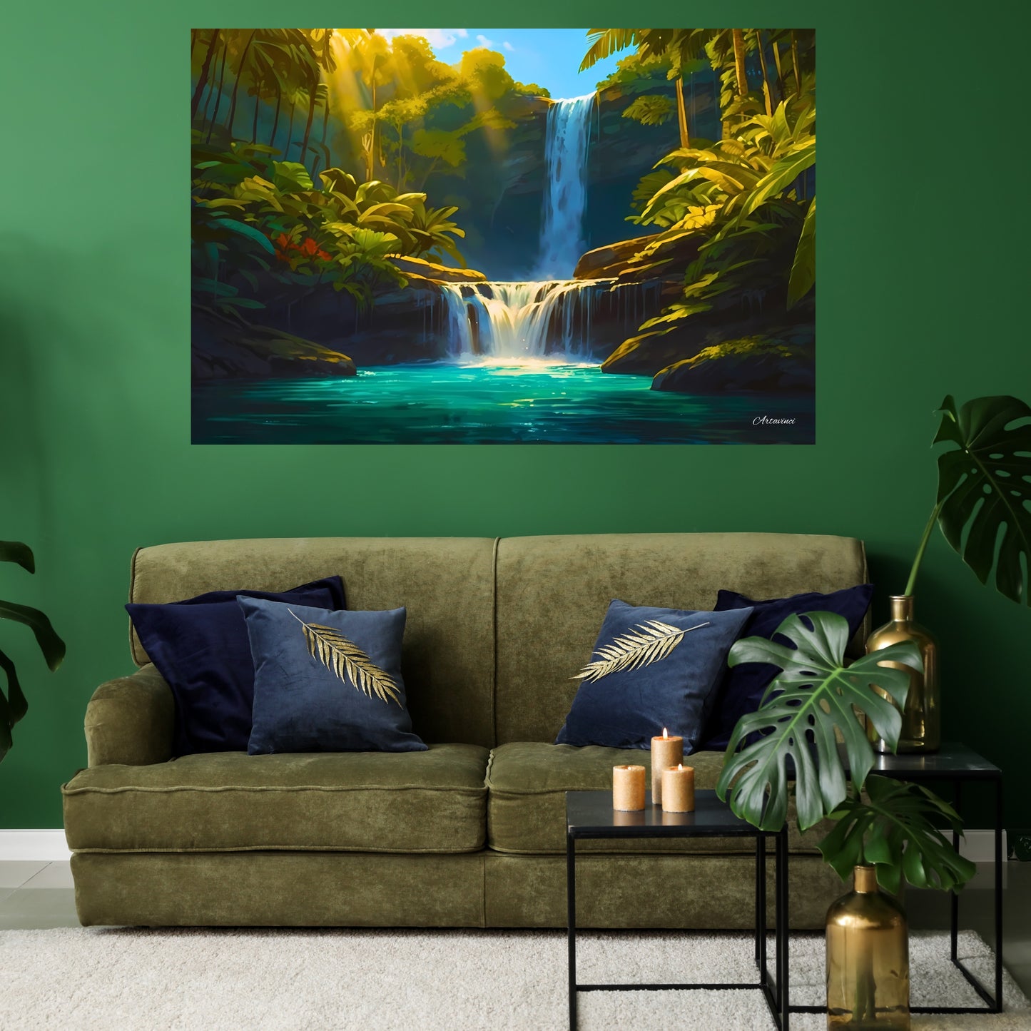 Green Forest Waterfall Canvas Art Print