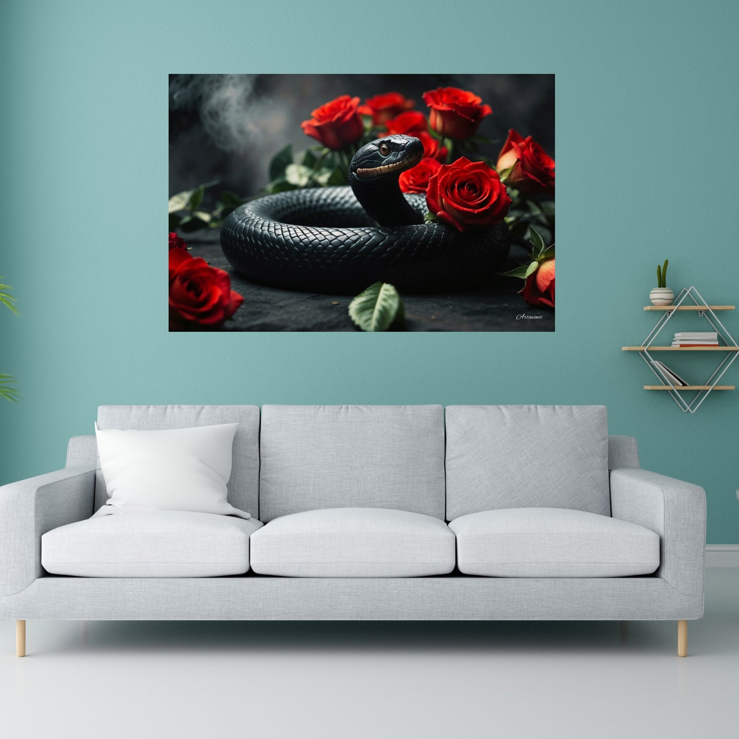 Black Snake Love Roses Canvas Art Print