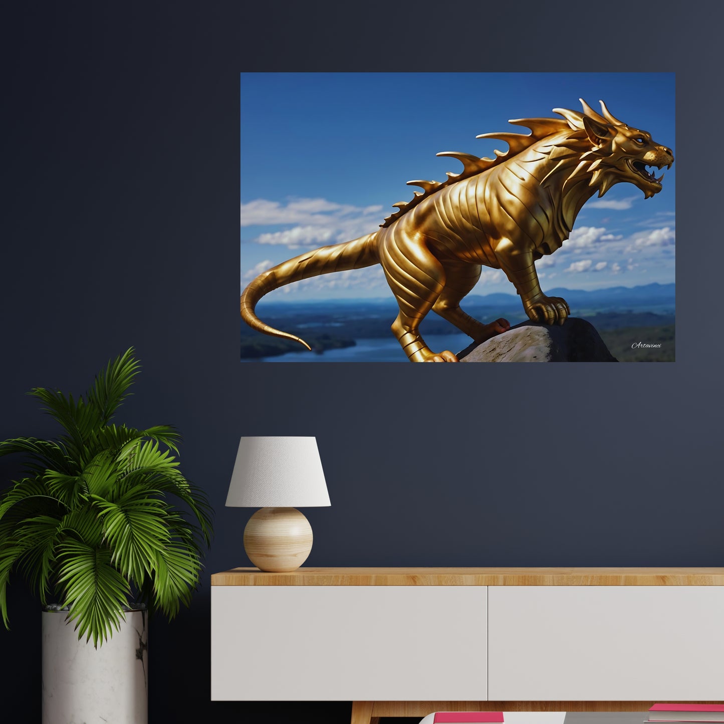 Golden Lion Dragon Mythical Creature Canvas Art Print