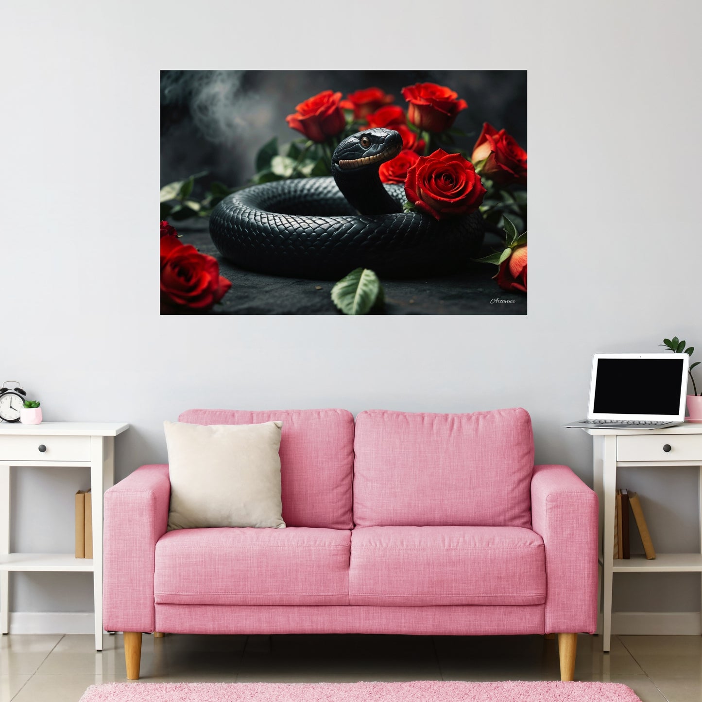 Black Snake Love Roses Canvas Art Print