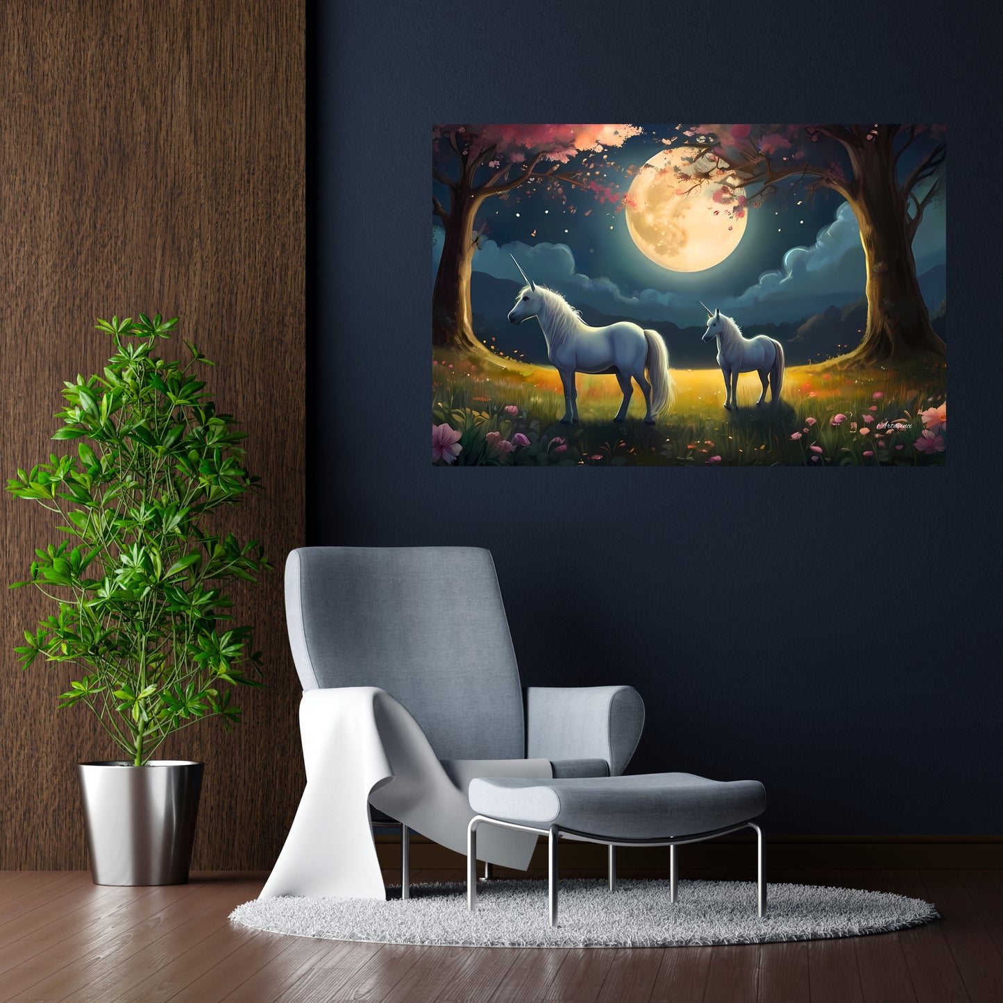 Two White Unicorns Standing in Forest Full Moon Canvas Art