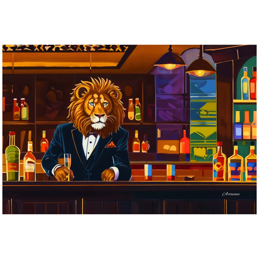 Lion Barman Canvas Wall Art, Cocktail Bar Lion Painting