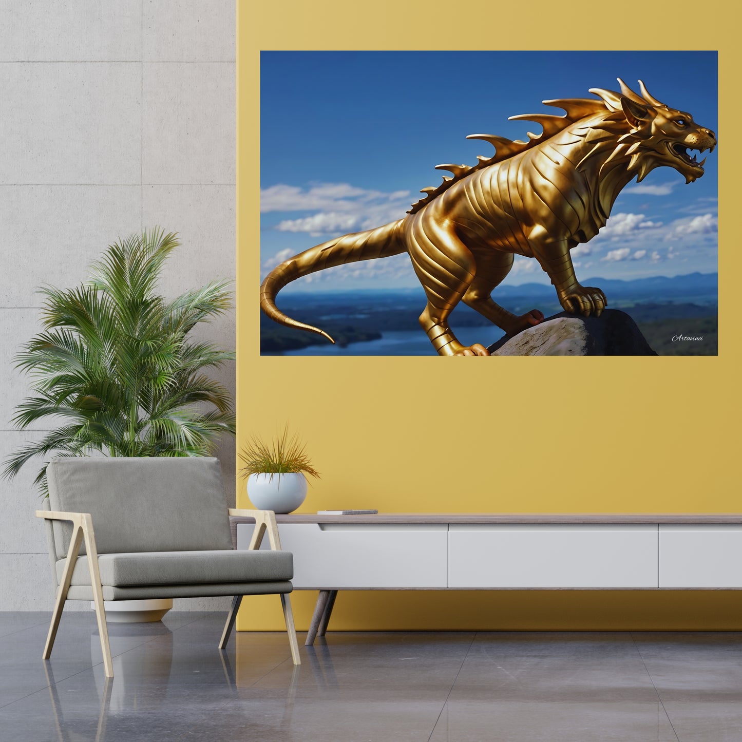 Golden Lion Dragon Mythical Creature Canvas Art Print