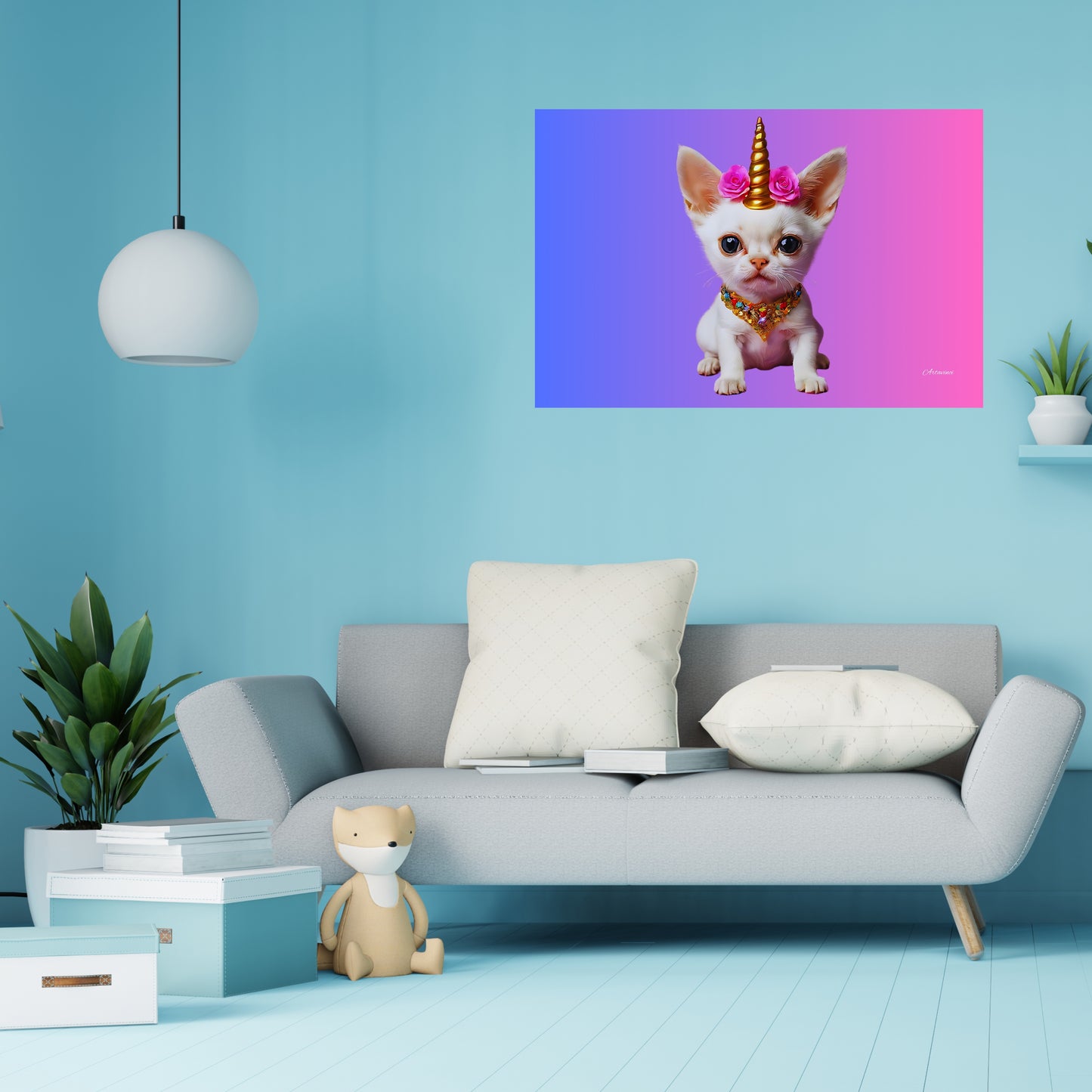 White Cat Unicorn Canvas Wall Art