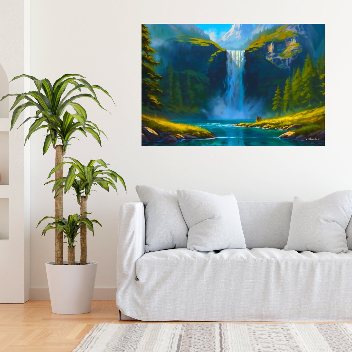 Nature Waterfall Mountain River Paradise Canvas Wall Art Picture Framed Print