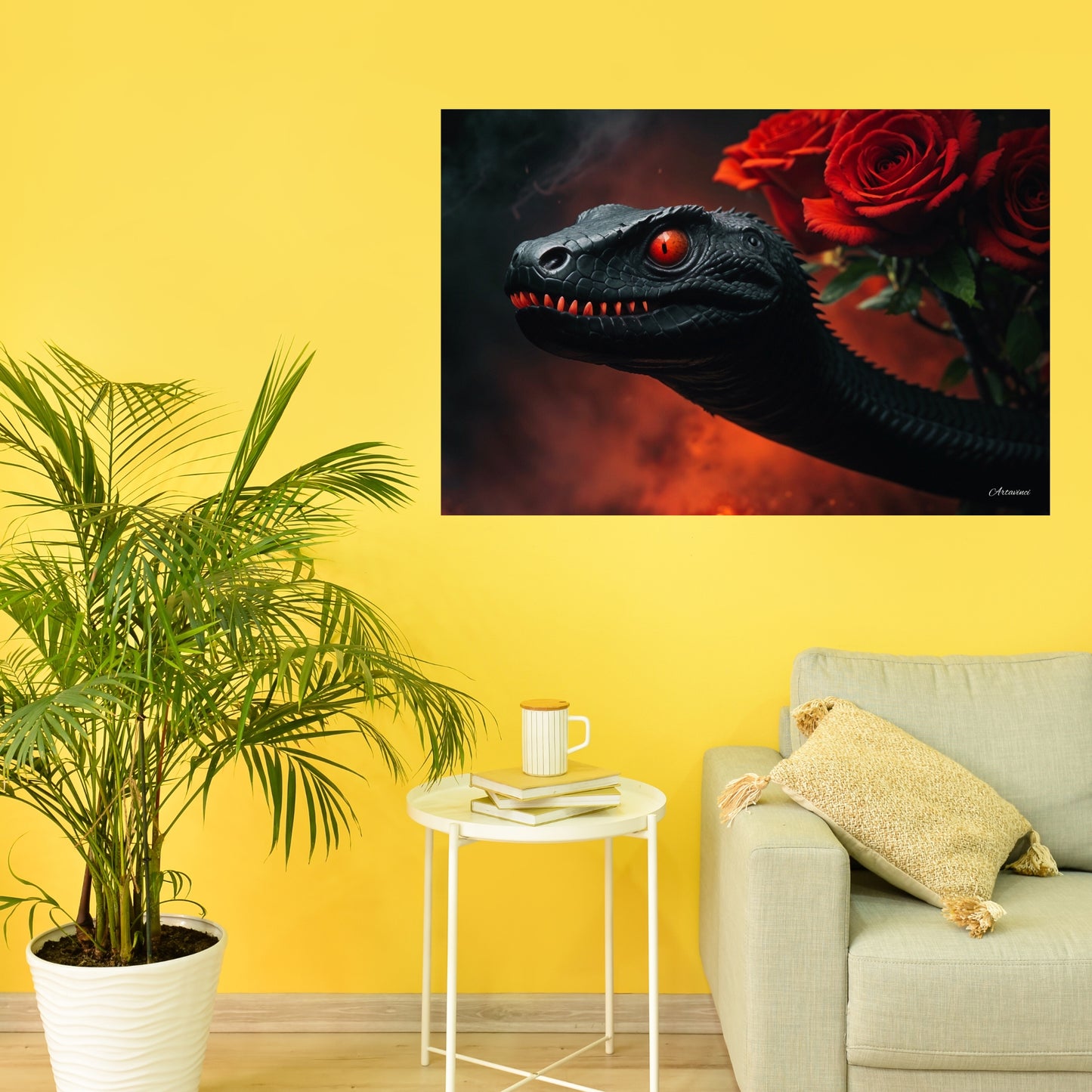 Red Eye Snake with Red Rose Canvas Art