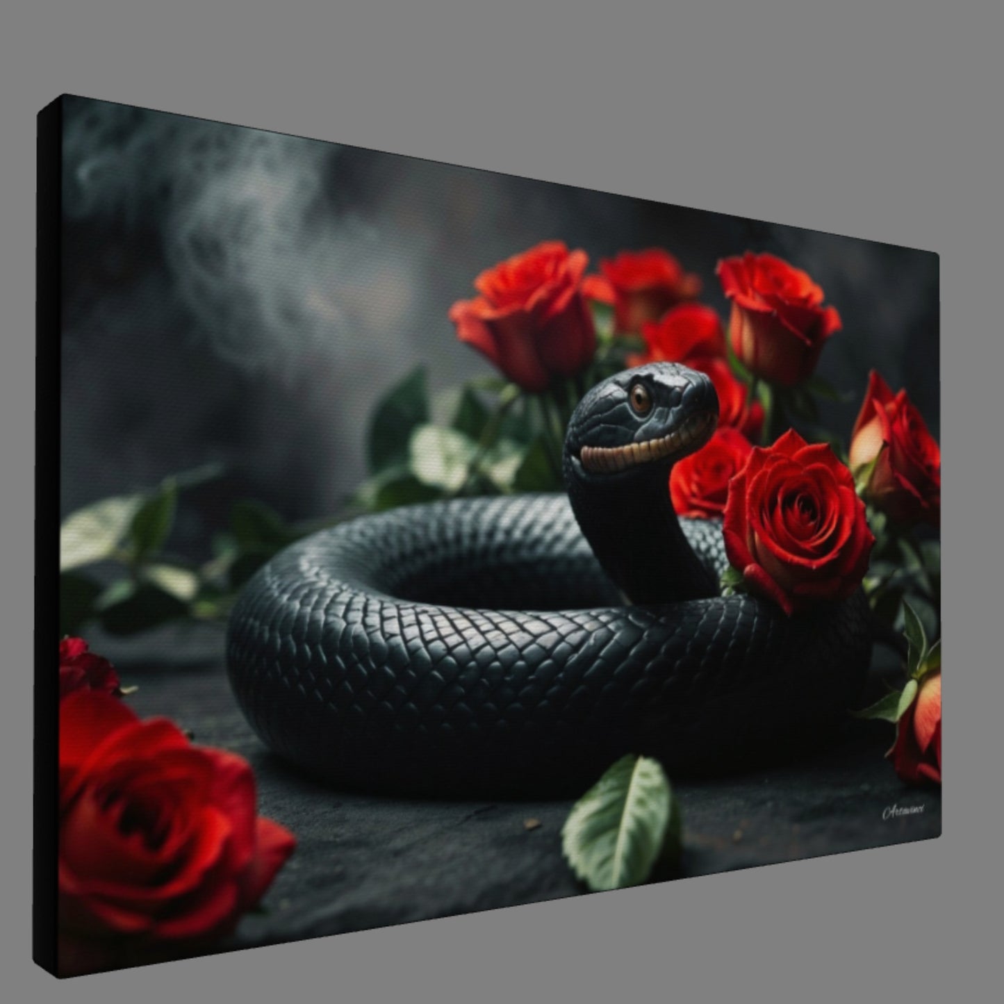 Black Snake Love Roses Canvas Art Print