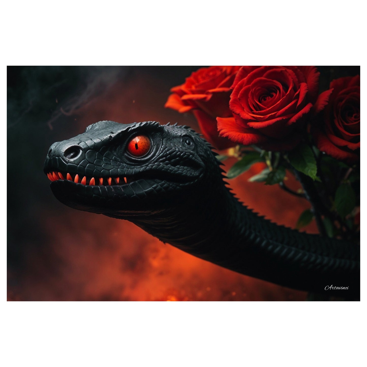 Red Eye Snake with Red Rose Canvas Art