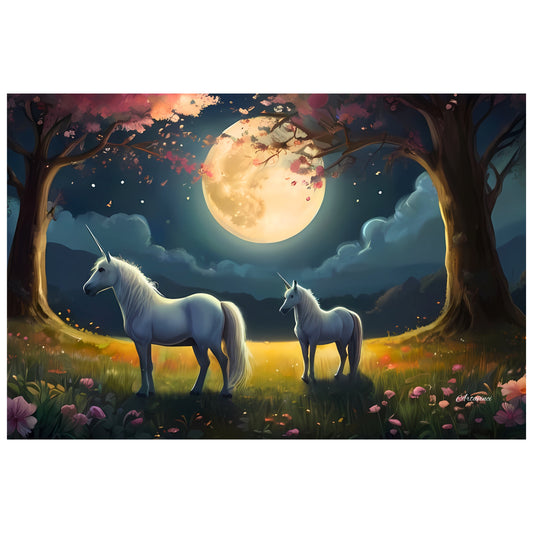 Two White Unicorns Standing in Forest Full Moon Canvas Art