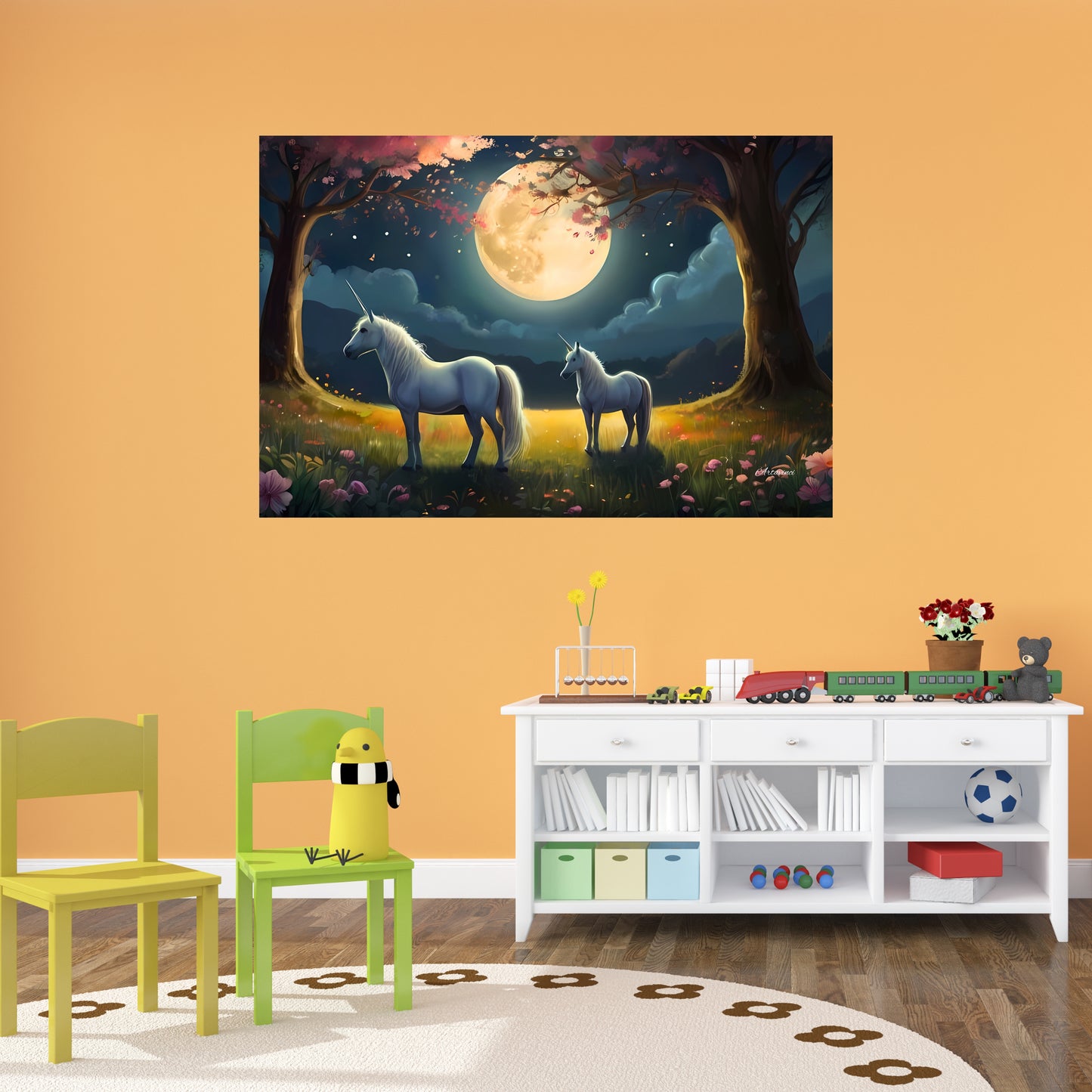 Two White Unicorns Standing in Forest Full Moon Canvas Art