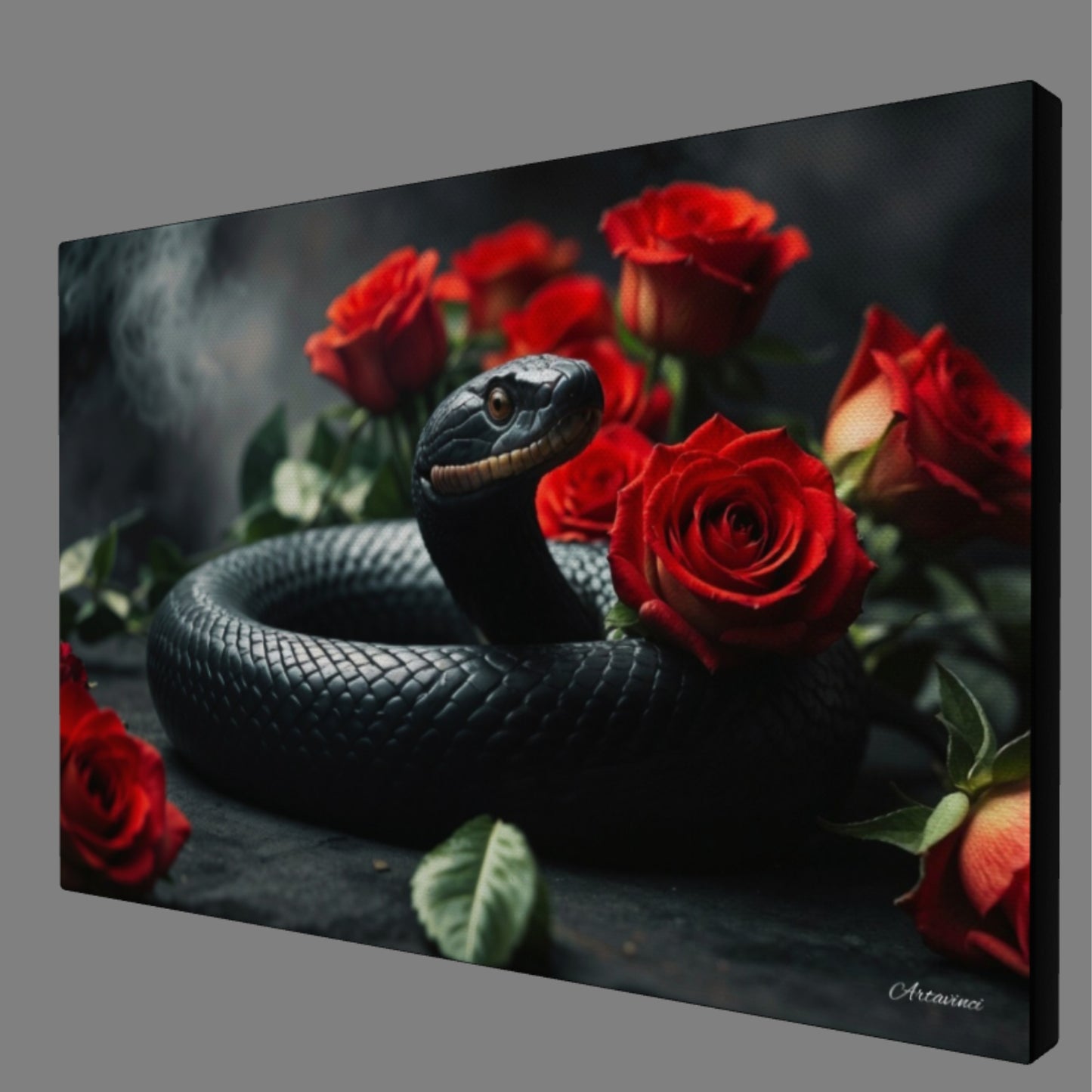 Black Snake Love Roses Canvas Art Print