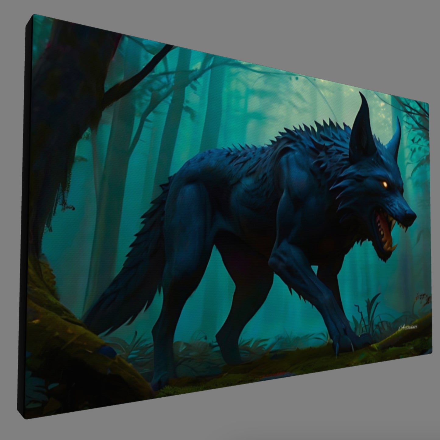 Scary Stalking Black Wolf Canvas Art